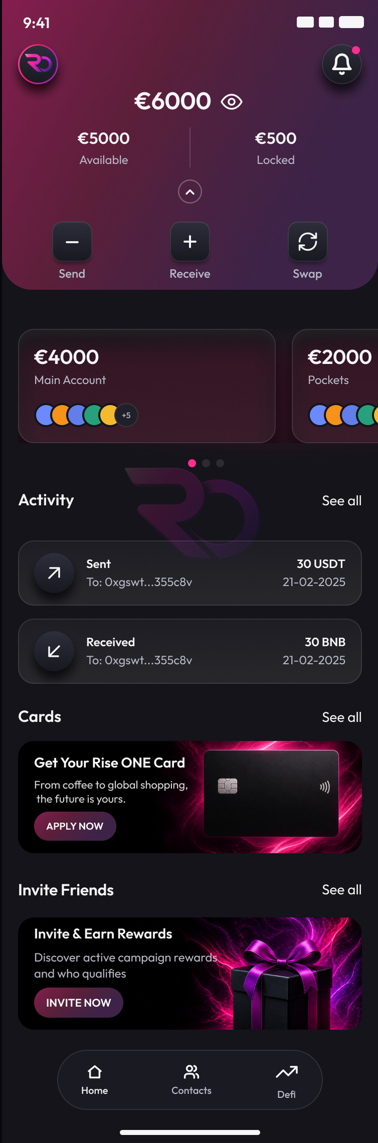 Rise ONE app home — balances, accounts, and recent activity